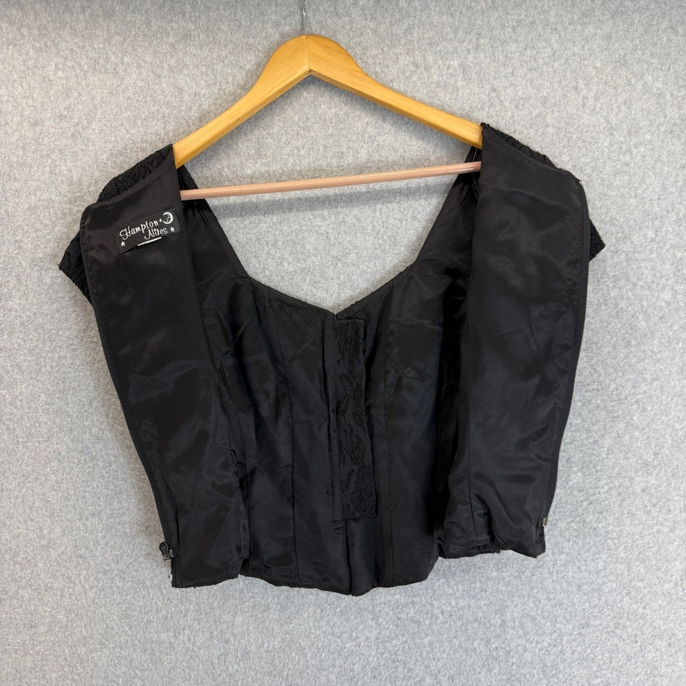 Hampton Nites Vintage 90s Black Lace Silver Brocade Rhinestone Cap Sleeve Blouse - Picture 10 of 14